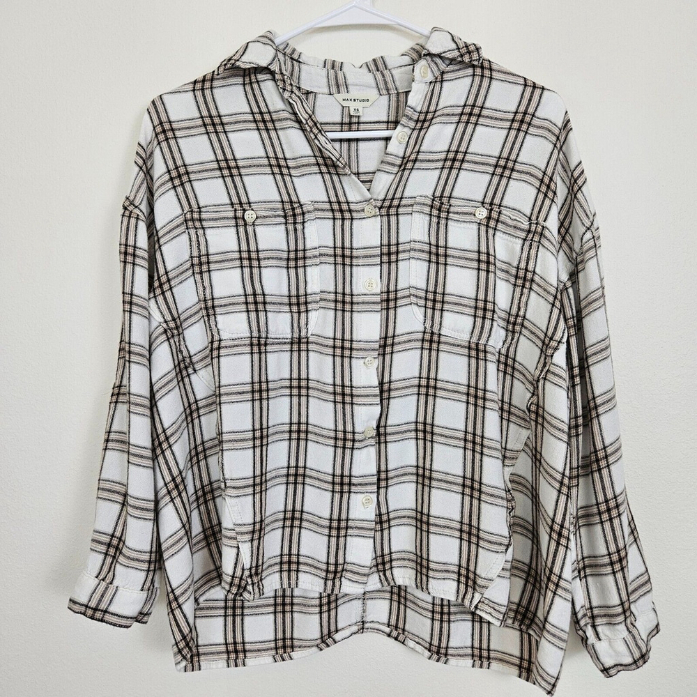 Max Studio Womens Flannel Shirt Roll Up Sleeve Cream Plaid Size X-Small (XS)